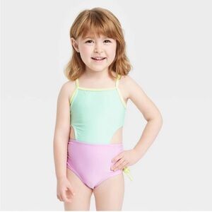 Cat & Jack Toddler Cut Out One Piece Swimsuit Bathing Suit Pink Green